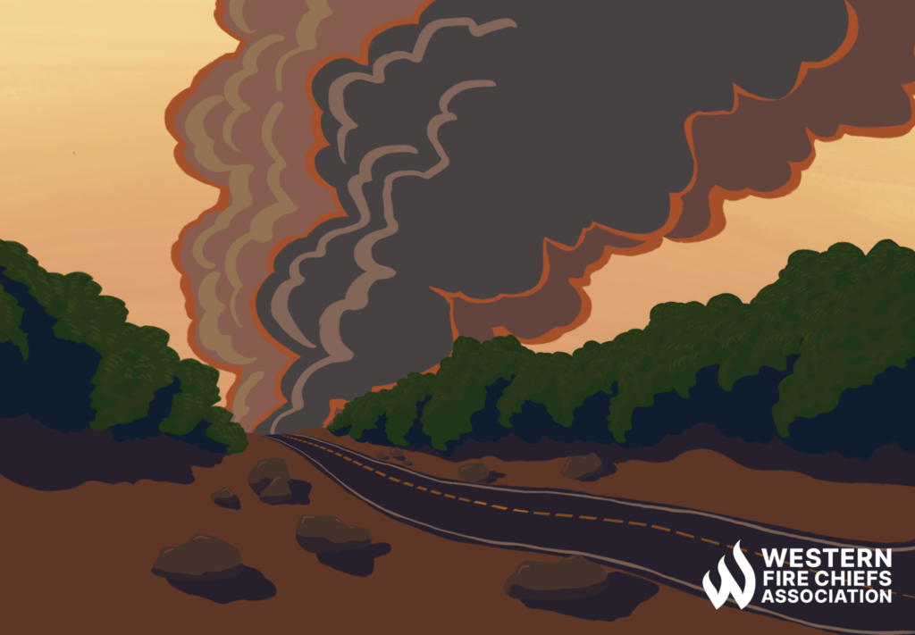 A road runs through a forest. In the distance, huge clouds of smoke rise into the sky.