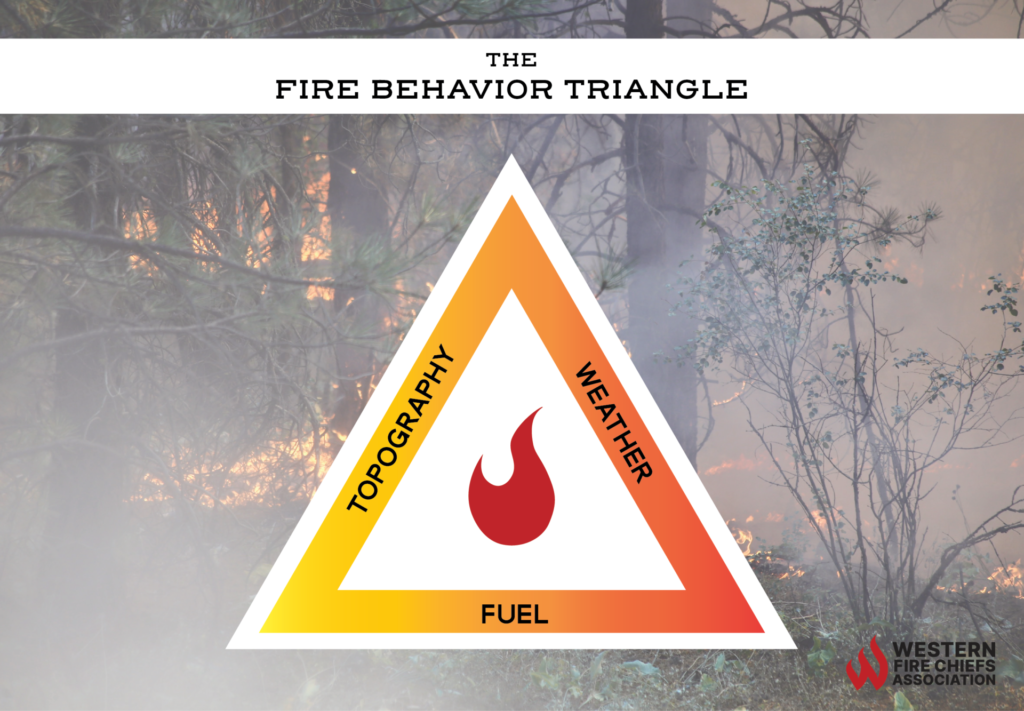 An infographic of the fire behavior triangle overlaid on a smoky forest. The sides read: topography, weather, fuel.