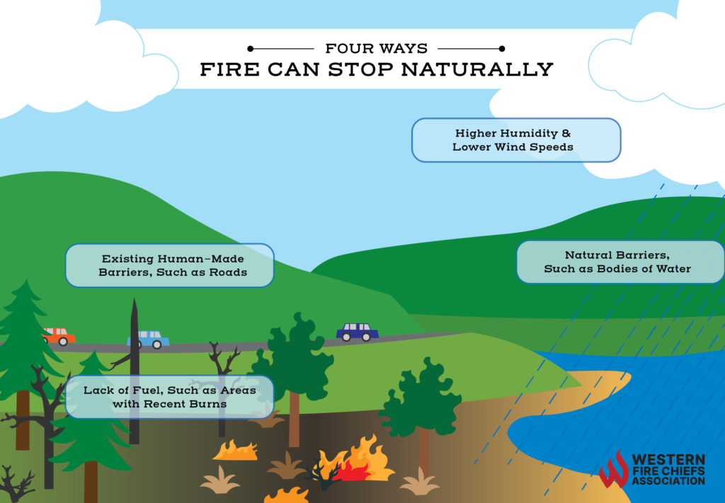 3 cars drive by a forest fire. The 4 ways fire stops naturally: barriers (e.g., roads or bodies of water), no fuel, humidity & low wind. 