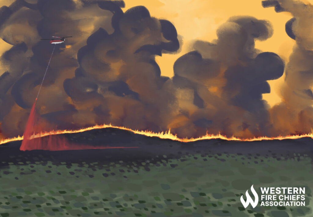 Fire rages along a ridge, with smoke rising into a yellow-tinged sky. A red helicopter sprays red fire retardant from a dangling hose.