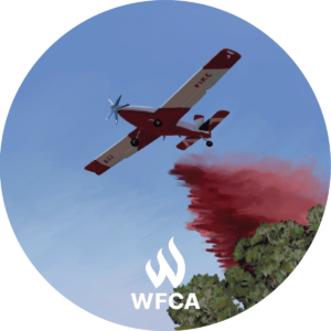 Circle Image, branded WFCA. Red powdery material dumps from the underside of the plane onto the trees.