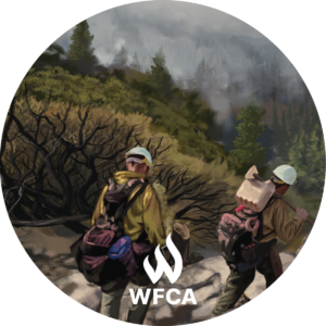 Circle Image, branded WFCA. Two people wearing safety helmets carry heavy packs and bags of gear down a rocky slope, towards a forest.