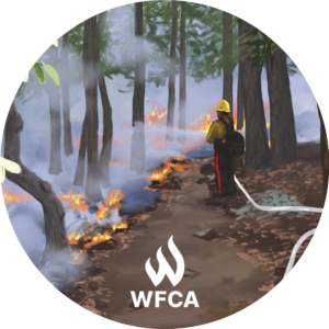 Circle, branded WFCA. A firefighter aims a firehose at ground fires in a forest. Smoke fills the background.