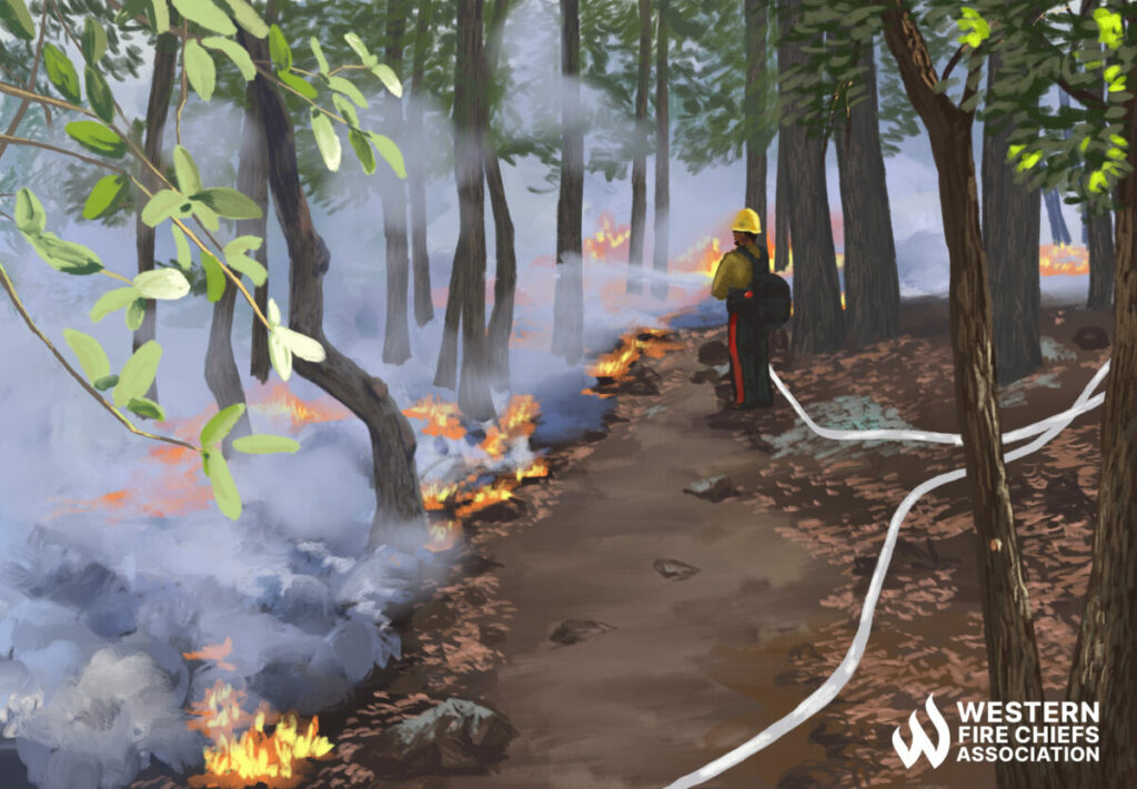 A firefighter aims a firehose at ground fires in a forest. Smoke fills the background.