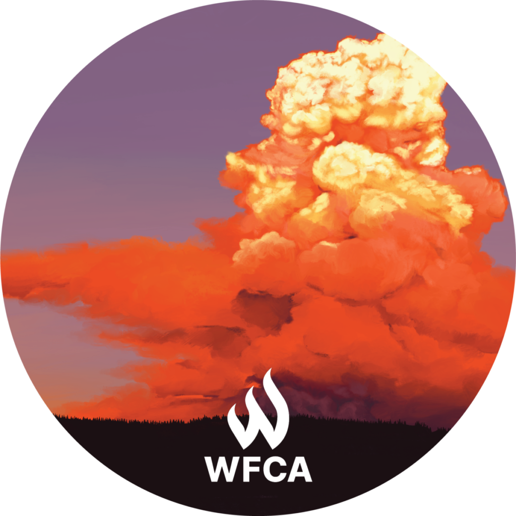 circle - banded WFCA horizon landscape with large smoke blum, purple sky pink and brightly illuminated smoke cloud high in the sky