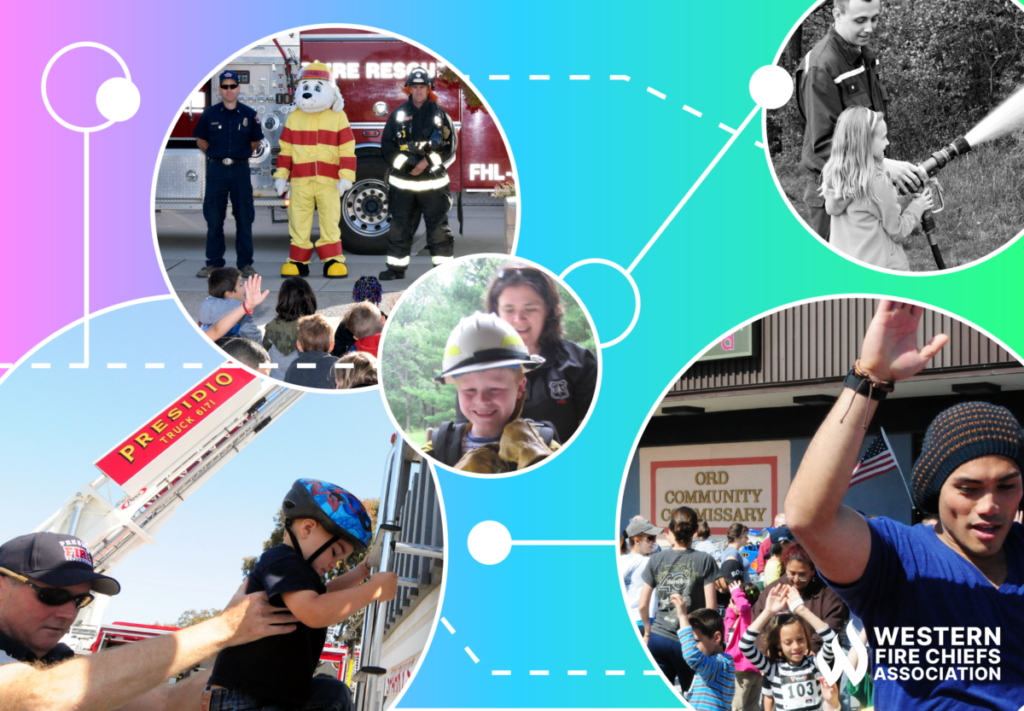 A series of 5 photos of firefighters working with the community. Children interact with the fire trucks, protective gear, & a hose.