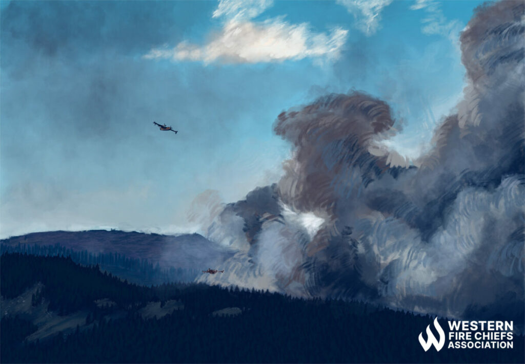 A small plane flies high in a blue sky over a forest. Another plane flies closer to the forest. On the right, smoke rises in big clouds.