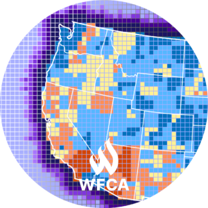 A summary map of wildfire risk in the western half on US, based on FEMA's National Risk Index.