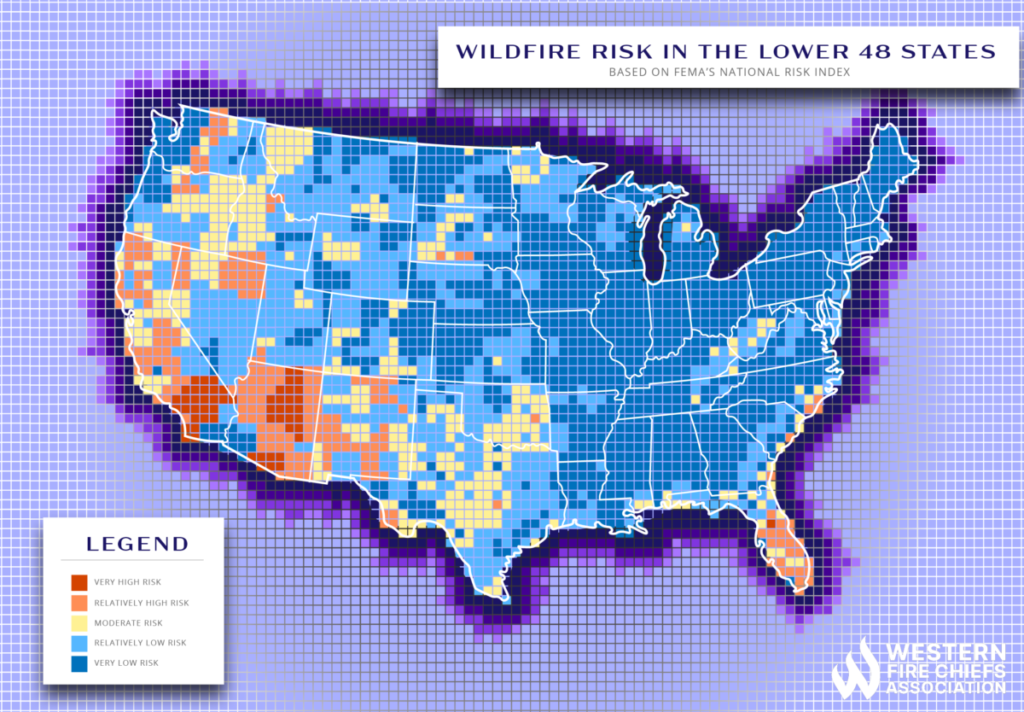 A summary map of wildfire risk in the lower 48 states, based on FEMA's National Risk Index.