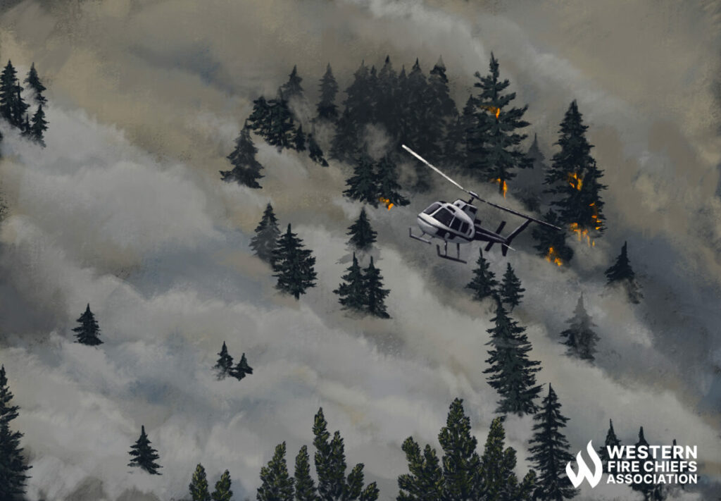 Helicopter flies over a forest that is being overtaken by smoke. Fire is visible in the crowns of some trees.