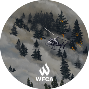 Helicopter flies over a forest that is being overtaken by smoke. Fire is visible in the crowns of some trees. Cropped into circle, branded WFCA.
