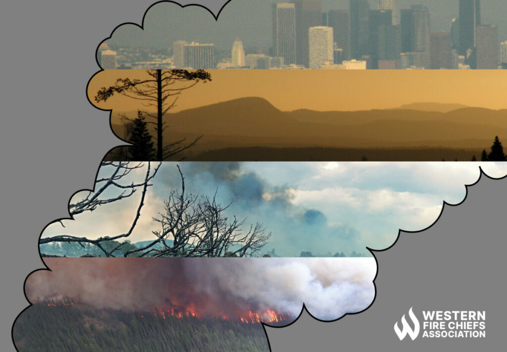 A stylized smoke cloud holds 4 images; a hazy city, a yellow-tinged sky, clouds of smoke over a forest, & smoke rising from a forest fire.