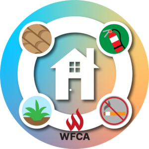 Branded Circle, 4 images around a house. Clockwise from left: roof tiles, fire extinguisher, a slash through a cigarette, a plant.