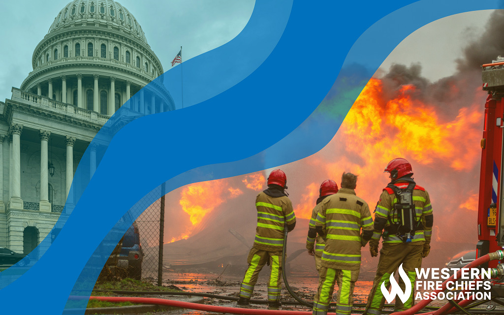 Blue stylized smoke separates a picture of the U.S. Capitol Building from an image of group of firefighters spraying water on a fire.