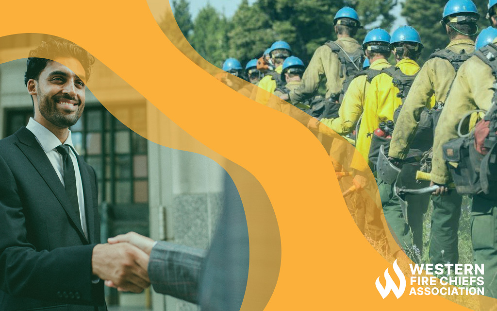 Orange stylized smoke separates an image of two people in suits shaking hands from a row of firefighters carrying gear toward a forest.