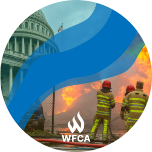 Circle, Branded - Blue stylized smoke separates a picture of the U.S. Capitol Building from an image of group of firefighters spraying water on a fire.