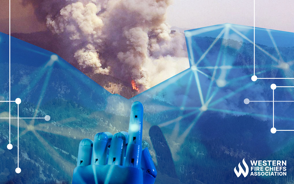 A blue robotic hand points to a fire raging in a forest. There is a blue overlay with interconnected dots covering the terrain.