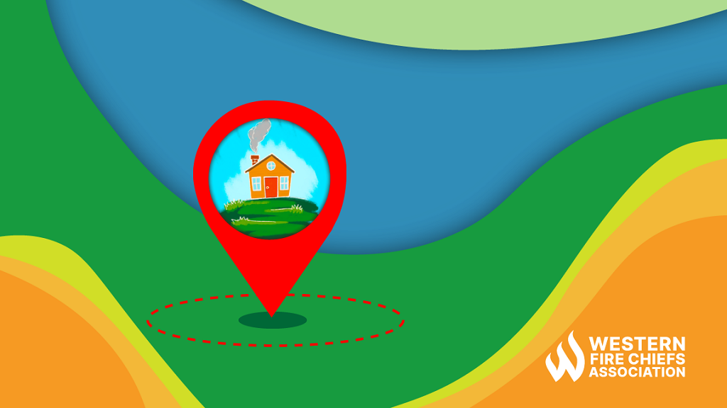 A red, tear-shaped location marker holds a picture of an orange house. The background is swirled pale green, blue, green, yellow, & orange.