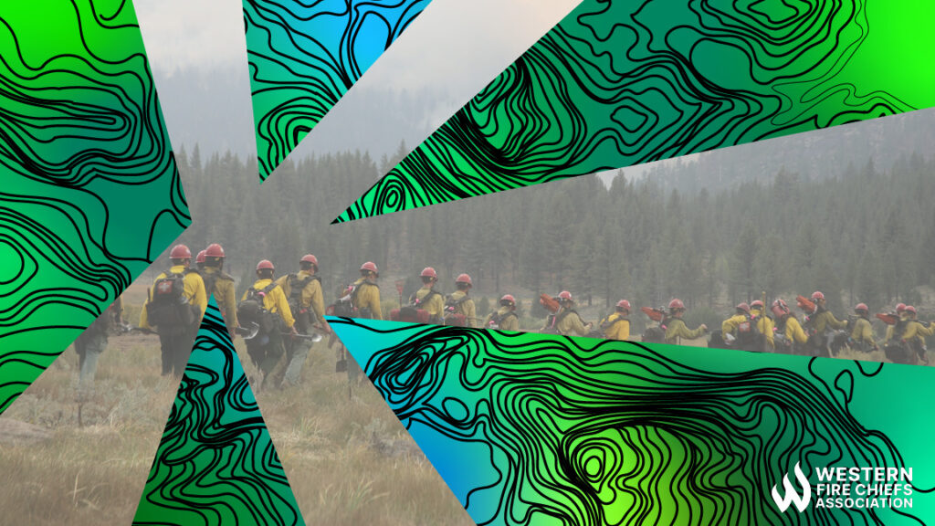 A line of firefighters carry shovels & safety gear to a smoky forest. Blue-green triangles with black topographic lines break up the image.