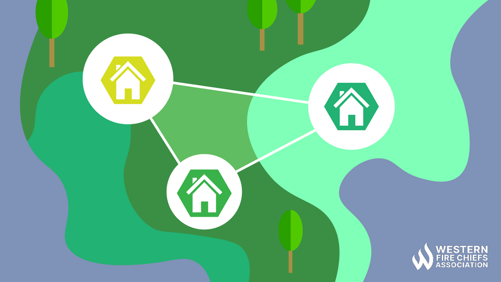 White house icons in green hexagons are connected by white lines. The houses span different green areas in a landscape dotted with trees.