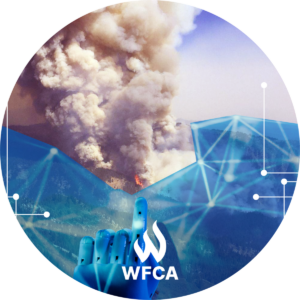 Circle, branded - A blue robotic hand points to a fire raging in a forest. There is a blue overlay with interconnected dots covering the terrain.