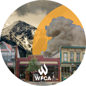 Circle, branded - A collage of photos. A mountain rises behind a busy main street. Smoke is highlighted by a yellow circle on the right of the image.