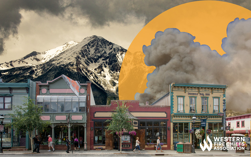 A collage of photos. A mountain rises behind a busy main street. Smoke is highlighted by a yellow circle on the right of the image.