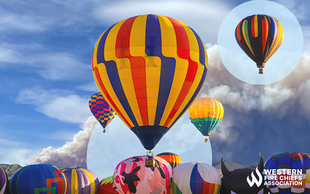 Colorful air balloons rise into a blue sky that is filling with rising smoke. 2 pale blue circles highlight patches of sky behind balloons.