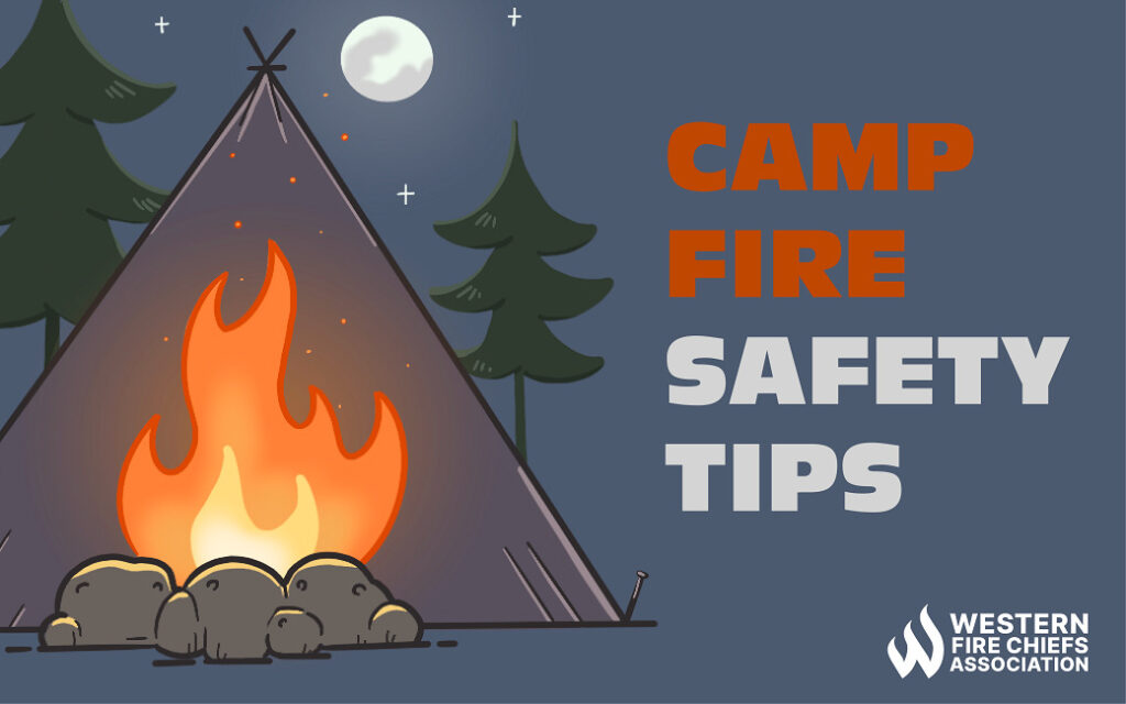 Campfire Safety Tips. A campfire surrounded by stones burns in front of a teepee-shaped tent in a forest at night.
