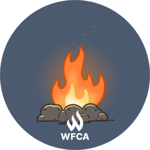 Circle, branded WFCA. A campfire surrounded by stones burns